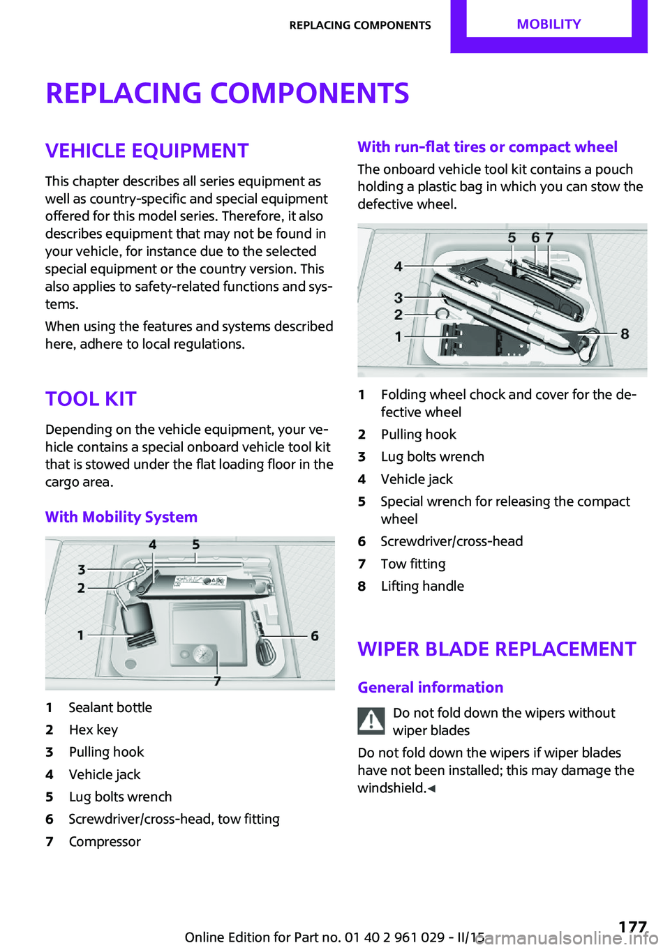 MINI COOPER CONVERTIBLE 2015  Owners Manual Replacing componentsVehicle equipmentThis chapter describes all series equipment as
well as country-specific and special equipment
offered for this model series. Therefore, it also
describes equipment