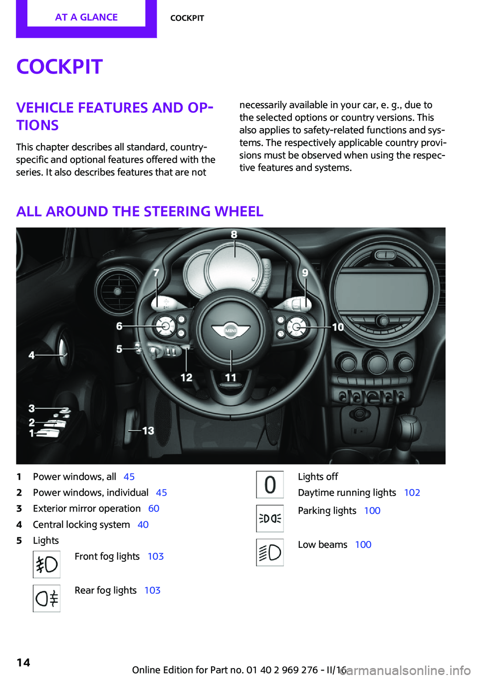 MINI COOPER CONVERTIBLE 2016 User Guide CockpitVehicle features and op‐
tions
This chapter describes all standard, country-
specific and optional features offered with the
series. It also describes features that are notnecessarily availab