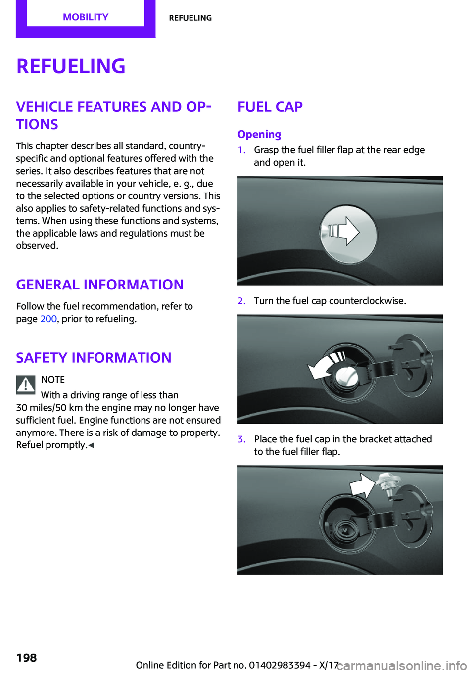 MINI COOPER CONVERTIBLE 2018  Owners Manual �R�e�f�u�e�l�i�n�g�V�e�h�i�c�l�e��f�e�a�t�u�r�e�s��a�n�d��o�p