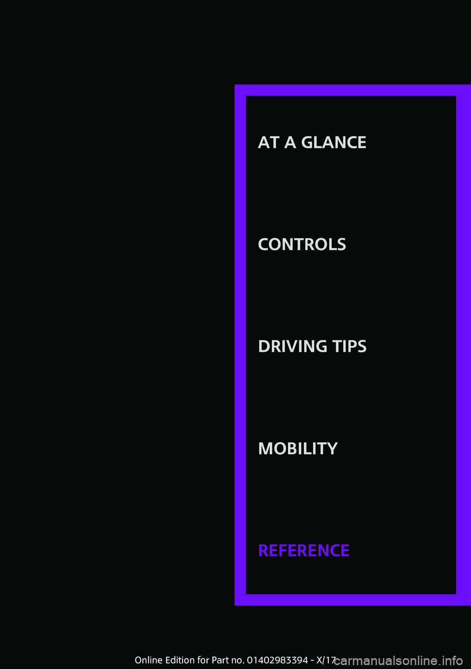 MINI COOPER CONVERTIBLE 2018  Owners Manual �A�T��A��G�L�A�N�C�E
�C�O�N�T�R�O�L�S�D�R�I�V�I�N�G��T�I�P�S�M�O�B�I�L�I�T�Y�R�E�F�E�R�E�N�C�E
�O�n�l�i�n�e� �E�d�i�t�i�o�n� �f�o�r� �P�a�r�t� �n�o�.� �0�1�4�0�2�9�8�3�3�9�4� �-� �X�/�1�7 