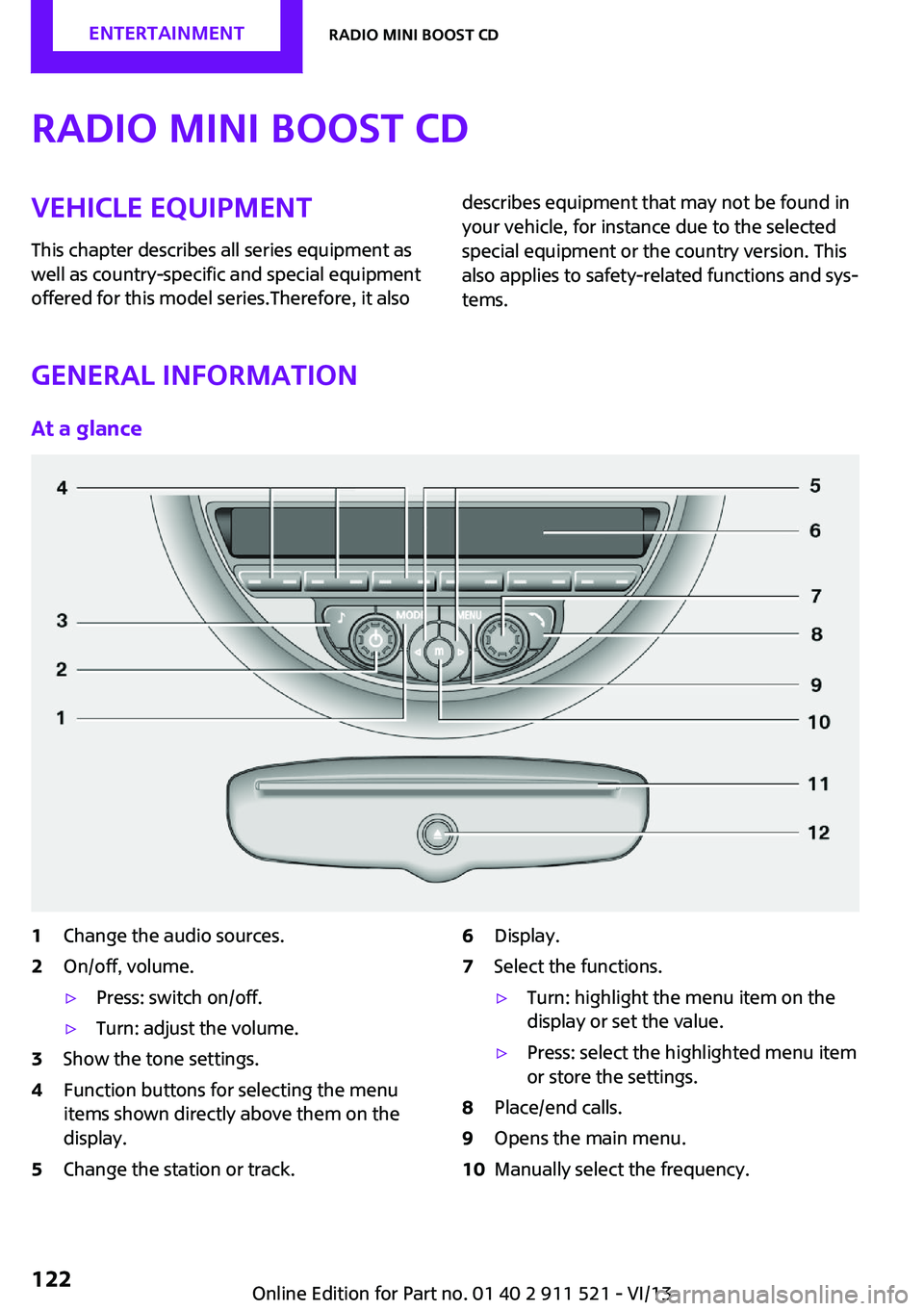 MINI COUNTRYMAN PACEMAN 2014 Owners Guide Radio MINI Boost CDVehicle equipment
This chapter describes all series equipment as
well as country-specific and special equipment
offered for this model series.Therefore, it alsodescribes equipment t MINI COUNTRYMAN PACEMAN 2014 Owners Guide Radio MINI Boost CDVehicle equipment
This chapter describes all series equipment as
well as country-specific and special equipment
offered for this model series.Therefore, it alsodescribes equipment t