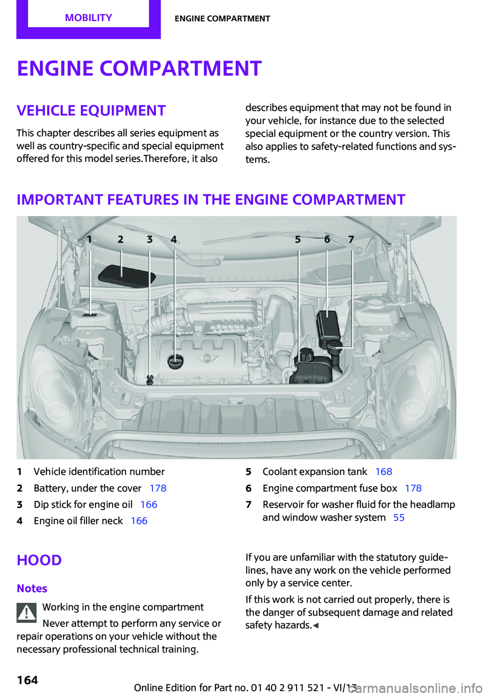 MINI COUNTRYMAN PACEMAN 2014 Owners Manual Engine compartmentVehicle equipment
This chapter describes all series equipment as
well as country-specific and special equipment
offered for this model series.Therefore, it alsodescribes equipment th MINI COUNTRYMAN PACEMAN 2014 Owners Manual Engine compartmentVehicle equipment
This chapter describes all series equipment as
well as country-specific and special equipment
offered for this model series.Therefore, it alsodescribes equipment th