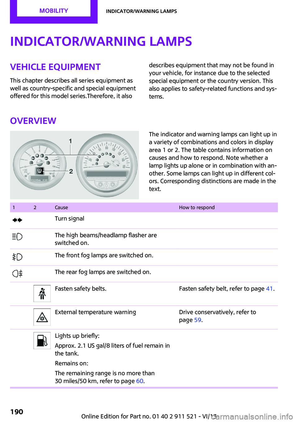 MINI COUNTRYMAN PACEMAN 2014 Owners Manual Indicator/warning lampsVehicle equipment
This chapter describes all series equipment as
well as country-specific and special equipment
offered for this model series.Therefore, it alsodescribes equipme MINI COUNTRYMAN PACEMAN 2014 Owners Manual Indicator/warning lampsVehicle equipment
This chapter describes all series equipment as
well as country-specific and special equipment
offered for this model series.Therefore, it alsodescribes equipme