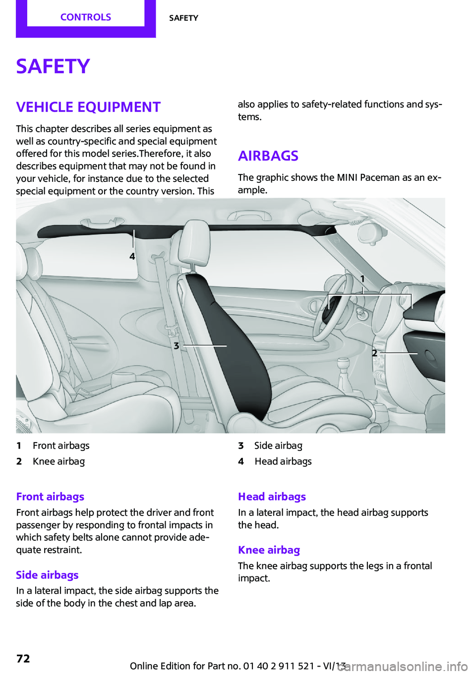 MINI COUNTRYMAN PACEMAN 2014 Manual PDF SafetyVehicle equipment
This chapter describes all series equipment as
well as country-specific and special equipment
offered for this model series.Therefore, it also
describes equipment that may not MINI COUNTRYMAN PACEMAN 2014 Manual PDF SafetyVehicle equipment
This chapter describes all series equipment as
well as country-specific and special equipment
offered for this model series.Therefore, it also
describes equipment that may not