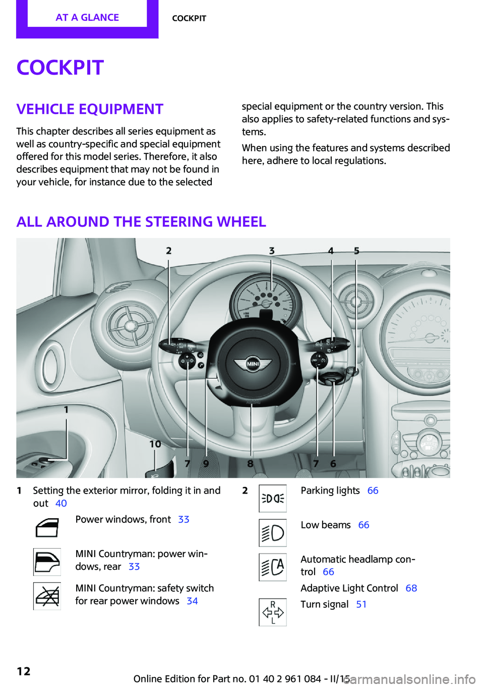 MINI COUNTRYMAN PACEMAN 2015 Owners Manual CockpitVehicle equipment
This chapter describes all series equipment as
well as country-specific and special equipment
offered for this model series. Therefore, it also
describes equipment that may no MINI COUNTRYMAN PACEMAN 2015 Owners Manual CockpitVehicle equipment
This chapter describes all series equipment as
well as country-specific and special equipment
offered for this model series. Therefore, it also
describes equipment that may no