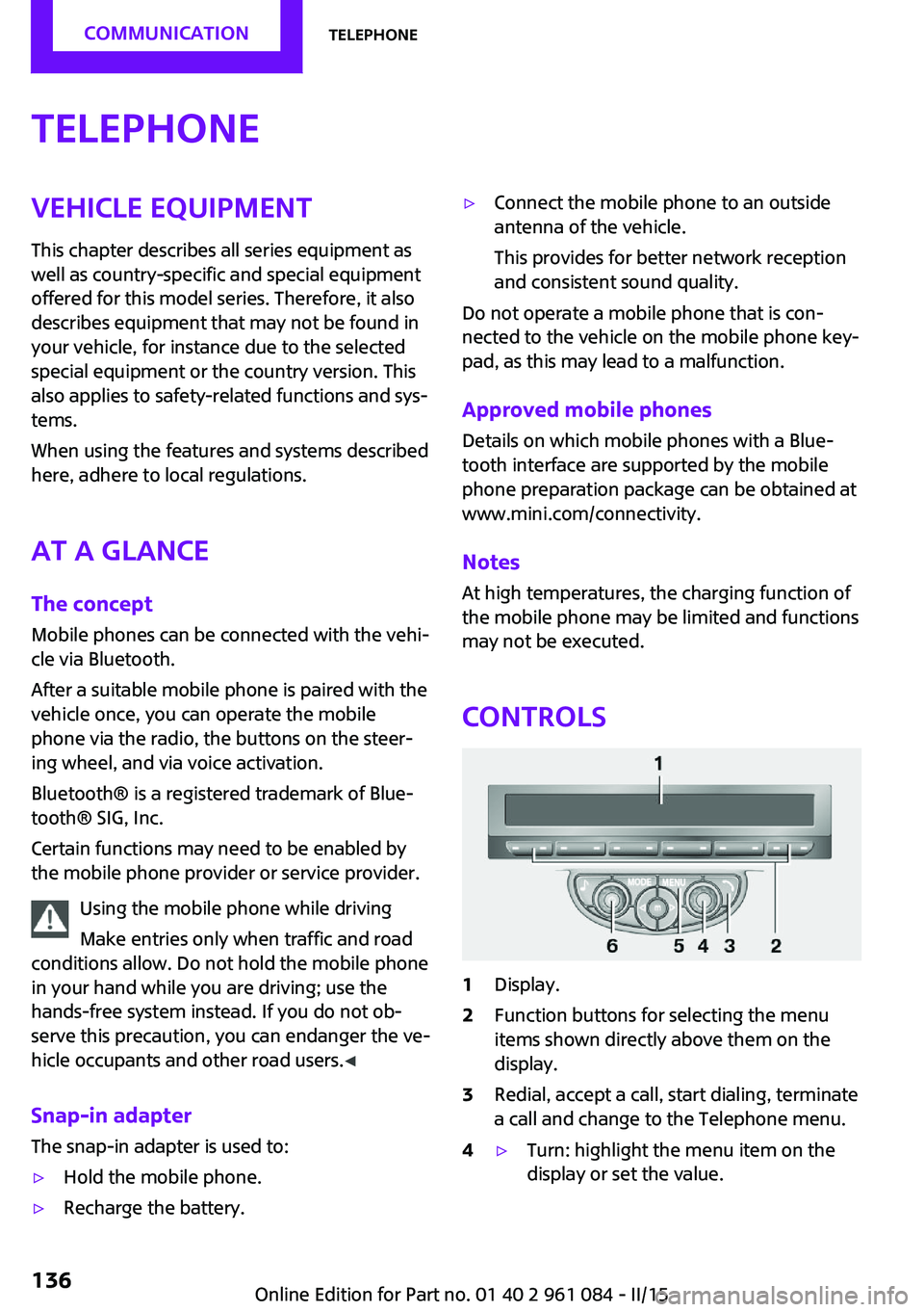 MINI COUNTRYMAN PACEMAN 2015  Owners Manual TelephoneVehicle equipment
This chapter describes all series equipment as
well as country-specific and special equipment
offered for this model series. Therefore, it also
describes equipment that may 