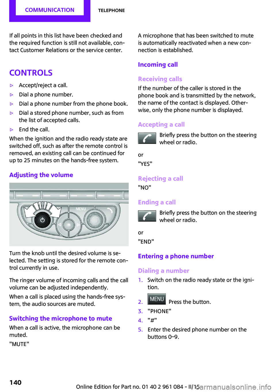 MINI COUNTRYMAN PACEMAN 2015 Workshop Manual If all points in this list have been checked and
the required function is still not available, con‐
tact Customer Relations or the service center.
Controls▷Accept/reject a call.▷Dial a phone num MINI COUNTRYMAN PACEMAN 2015 Workshop Manual If all points in this list have been checked and
the required function is still not available, con‐
tact Customer Relations or the service center.
Controls▷Accept/reject a call.▷Dial a phone num