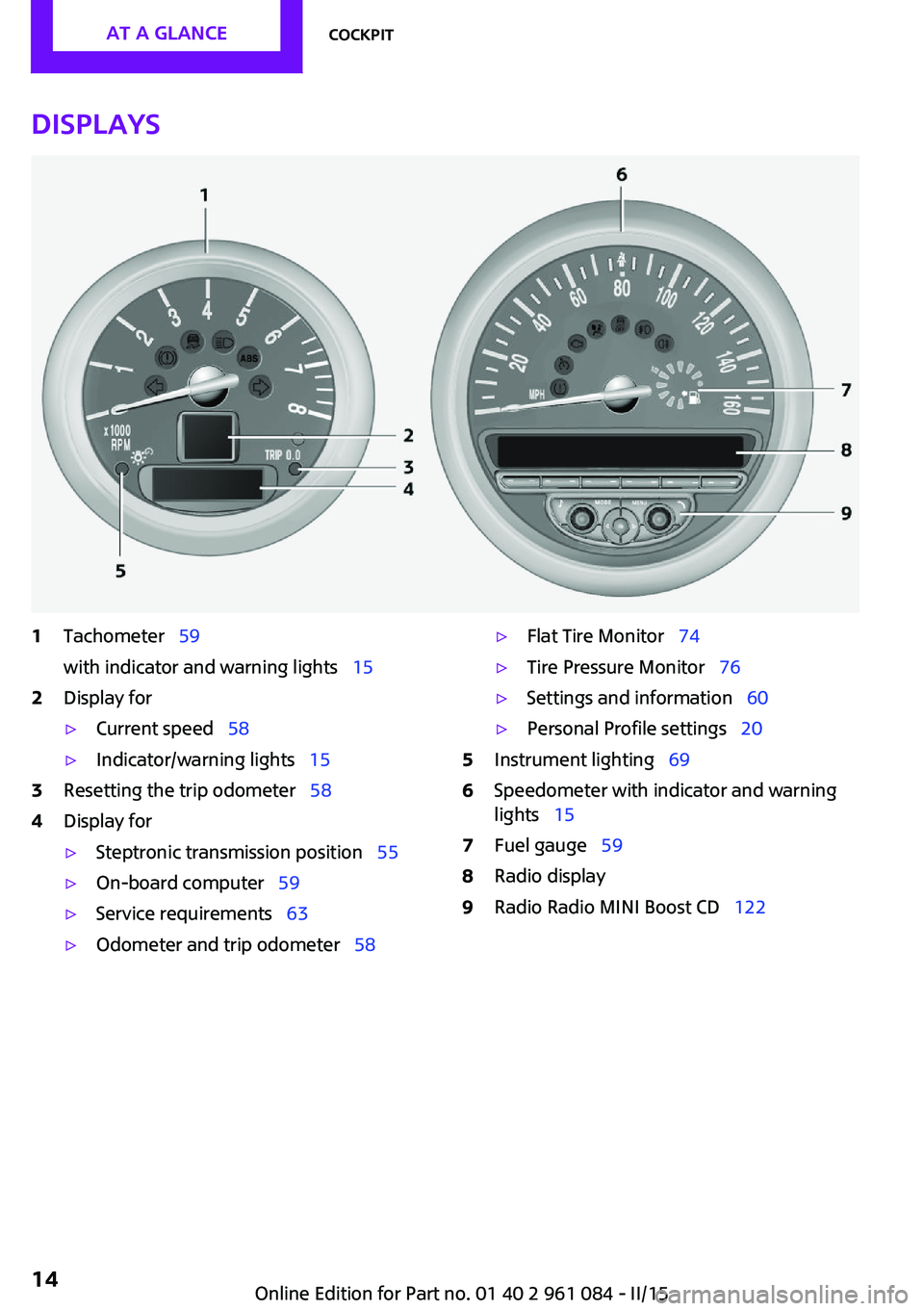 MINI COUNTRYMAN PACEMAN 2015 Owners Manual Displays1Tachometer 59
with indicator and warning lights 152Display for▷Current speed 58▷Indicator/warning lights 153Resetting the trip odometer 584Display for▷Steptr MINI COUNTRYMAN PACEMAN 2015 Owners Manual Displays1Tachometer 59
with indicator and warning lights 152Display for▷Current speed 58▷Indicator/warning lights 153Resetting the trip odometer 584Display for▷Steptr