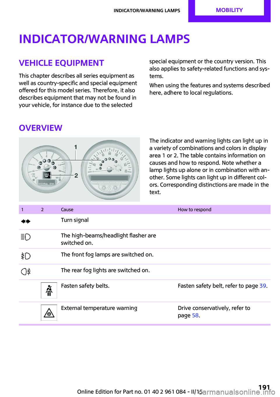 MINI COUNTRYMAN PACEMAN 2015 Repair Manual Indicator/warning lampsVehicle equipment
This chapter describes all series equipment as
well as country-specific and special equipment
offered for this model series. Therefore, it also
describes equip MINI COUNTRYMAN PACEMAN 2015 Repair Manual Indicator/warning lampsVehicle equipment
This chapter describes all series equipment as
well as country-specific and special equipment
offered for this model series. Therefore, it also
describes equip