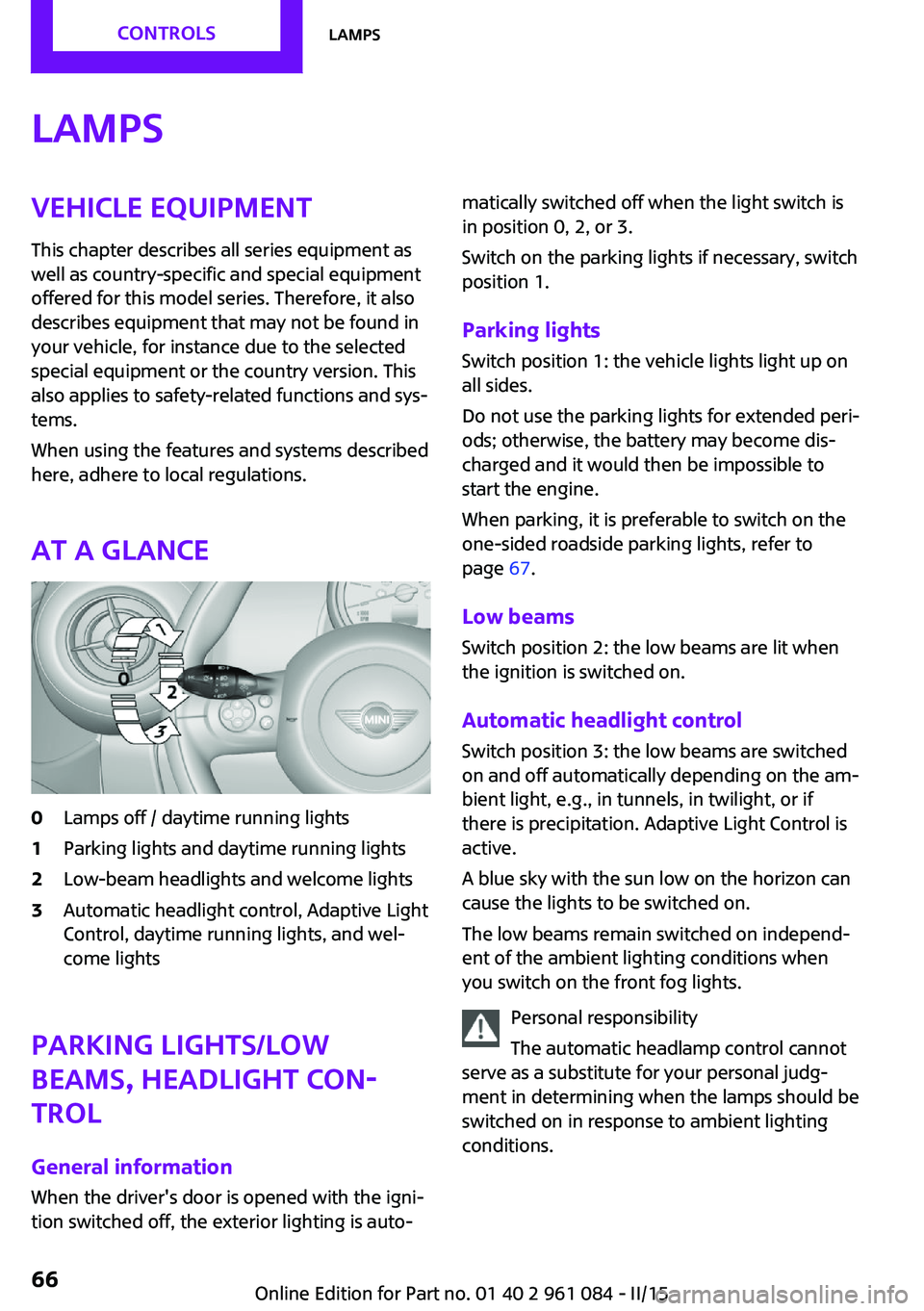 MINI COUNTRYMAN PACEMAN 2015 Owners Manual LampsVehicle equipmentThis chapter describes all series equipment as
well as country-specific and special equipment
offered for this model series. Therefore, it also
describes equipment that may not b MINI COUNTRYMAN PACEMAN 2015 Owners Manual LampsVehicle equipmentThis chapter describes all series equipment as
well as country-specific and special equipment
offered for this model series. Therefore, it also
describes equipment that may not b
