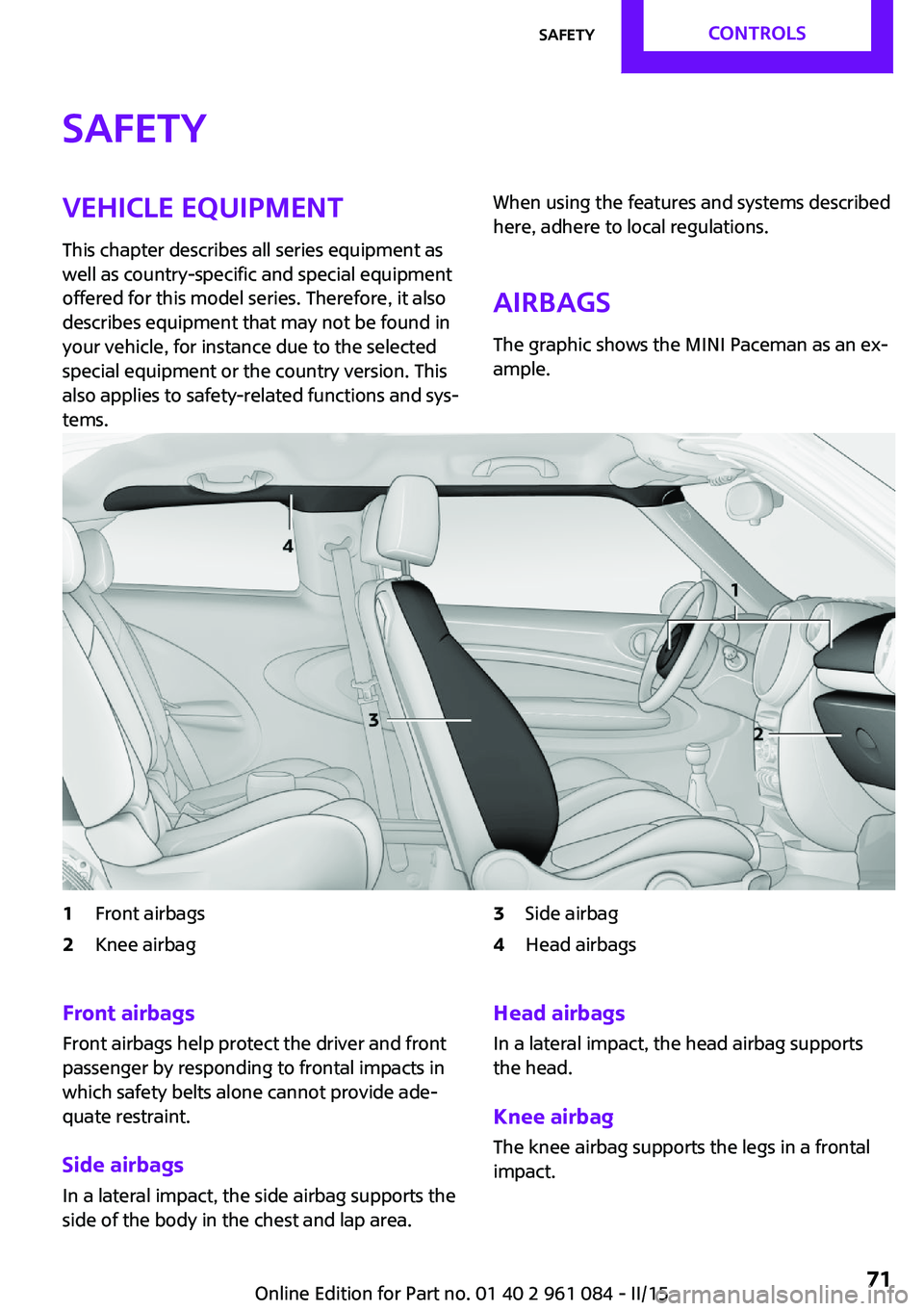 MINI COUNTRYMAN PACEMAN 2015 Manual PDF SafetyVehicle equipment
This chapter describes all series equipment as
well as country-specific and special equipment
offered for this model series. Therefore, it also
describes equipment that may not MINI COUNTRYMAN PACEMAN 2015 Manual PDF SafetyVehicle equipment
This chapter describes all series equipment as
well as country-specific and special equipment
offered for this model series. Therefore, it also
describes equipment that may not