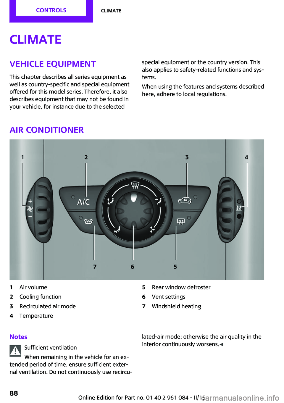 MINI COUNTRYMAN PACEMAN 2015 Owners Manual ClimateVehicle equipment
This chapter describes all series equipment as
well as country-specific and special equipment
offered for this model series. Therefore, it also
describes equipment that may no MINI COUNTRYMAN PACEMAN 2015 Owners Manual ClimateVehicle equipment
This chapter describes all series equipment as
well as country-specific and special equipment
offered for this model series. Therefore, it also
describes equipment that may no