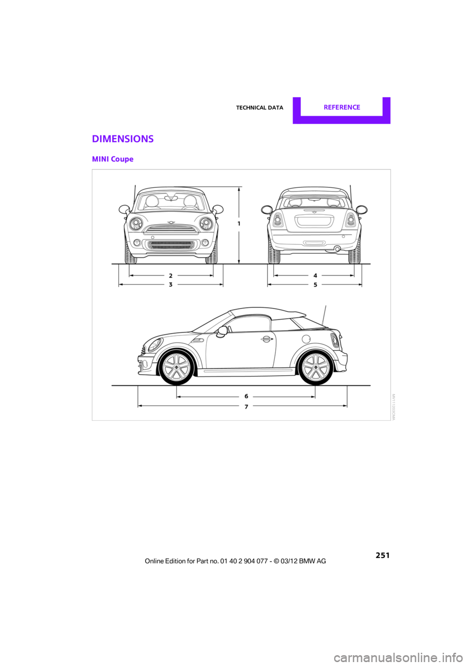 MINI COUPE ROADSTER CONVERTIBLE 2012 Owners Manual Technical dataREFERENCE
251
Dimensions
MINI Coupe
00320051004F004C00510048000300280047004C0057004C005200510003 MINI COUPE ROADSTER CONVERTIBLE 2012 Owners Manual Technical dataREFERENCE
251
Dimensions
MINI Coupe
00320051004F004C00510048000300280047004C0057004C005200510003