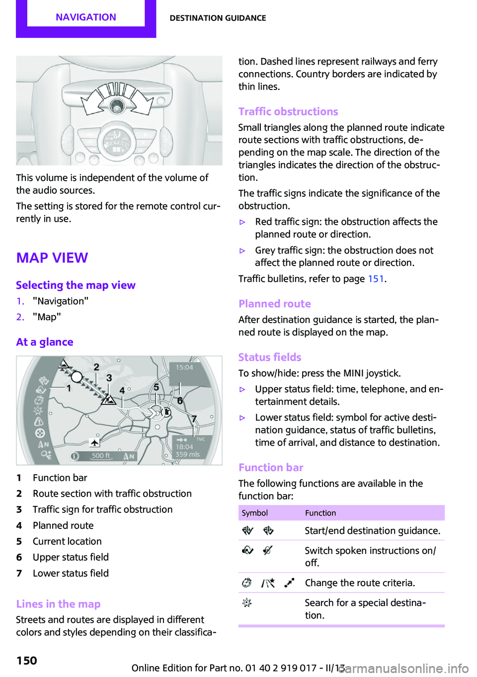 MINI COUPE ROADSTER CONVERTIBLE 2013 Owners Manual This volume is independent of the volume of
the audio sources.
The setting is stored for the remote control cur‐
rently in use.
Map view
Selecting the map view
1."Navigation"2."Map"
MINI COUPE ROADSTER CONVERTIBLE 2013 Owners Manual This volume is independent of the volume of
the audio sources.
The setting is stored for the remote control cur‐
rently in use.
Map view
Selecting the map view
1."Navigation"2."Map"