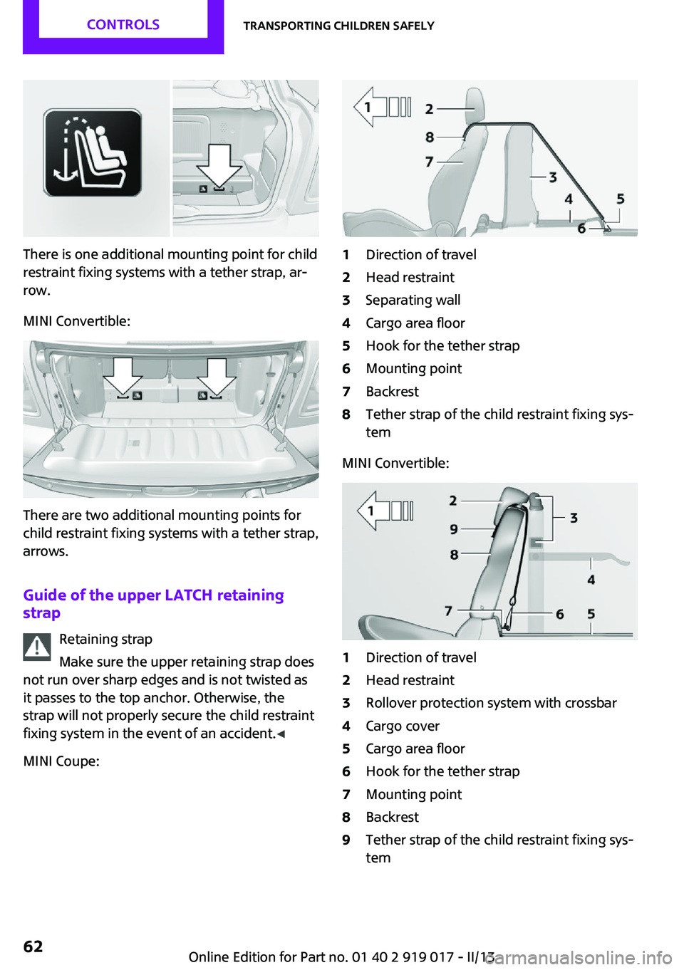 MINI COUPE ROADSTER CONVERTIBLE 2013 Repair Manual There is one additional mounting point for child
restraint fixing systems with a tether strap, ar‐
row.
MINI Convertible:
There are two additional mounting points for
child restraint fixing systems MINI COUPE ROADSTER CONVERTIBLE 2013 Repair Manual There is one additional mounting point for child
restraint fixing systems with a tether strap, ar‐
row.
MINI Convertible:
There are two additional mounting points for
child restraint fixing systems