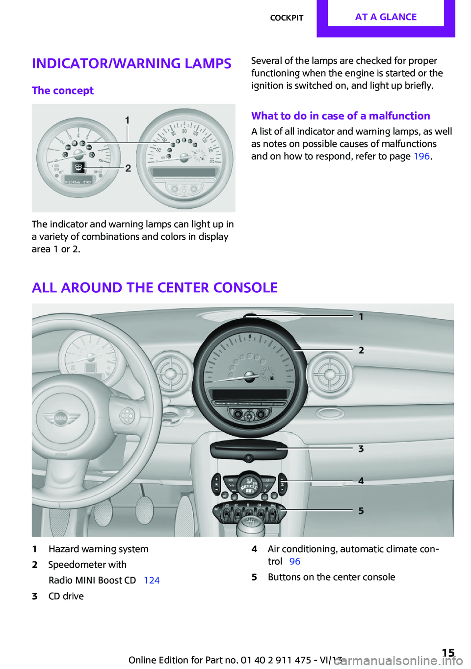 MINI COUPE ROADSTER CONVERTIBLE 2014  Owners Manual Indicator/warning lamps
The concept
The indicator and warning lamps can light up in
a variety of combinations and colors in display
area 1 or 2.
Several of the lamps are checked for proper
functioning