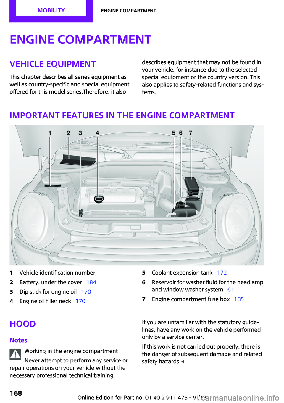 MINI COUPE ROADSTER CONVERTIBLE 2014 Owners Manual Engine compartmentVehicle equipment
This chapter describes all series equipment as
well as country-specific and special equipment
offered for this model series.Therefore, it alsodescribes equipment th MINI COUPE ROADSTER CONVERTIBLE 2014 Owners Manual Engine compartmentVehicle equipment
This chapter describes all series equipment as
well as country-specific and special equipment
offered for this model series.Therefore, it alsodescribes equipment th