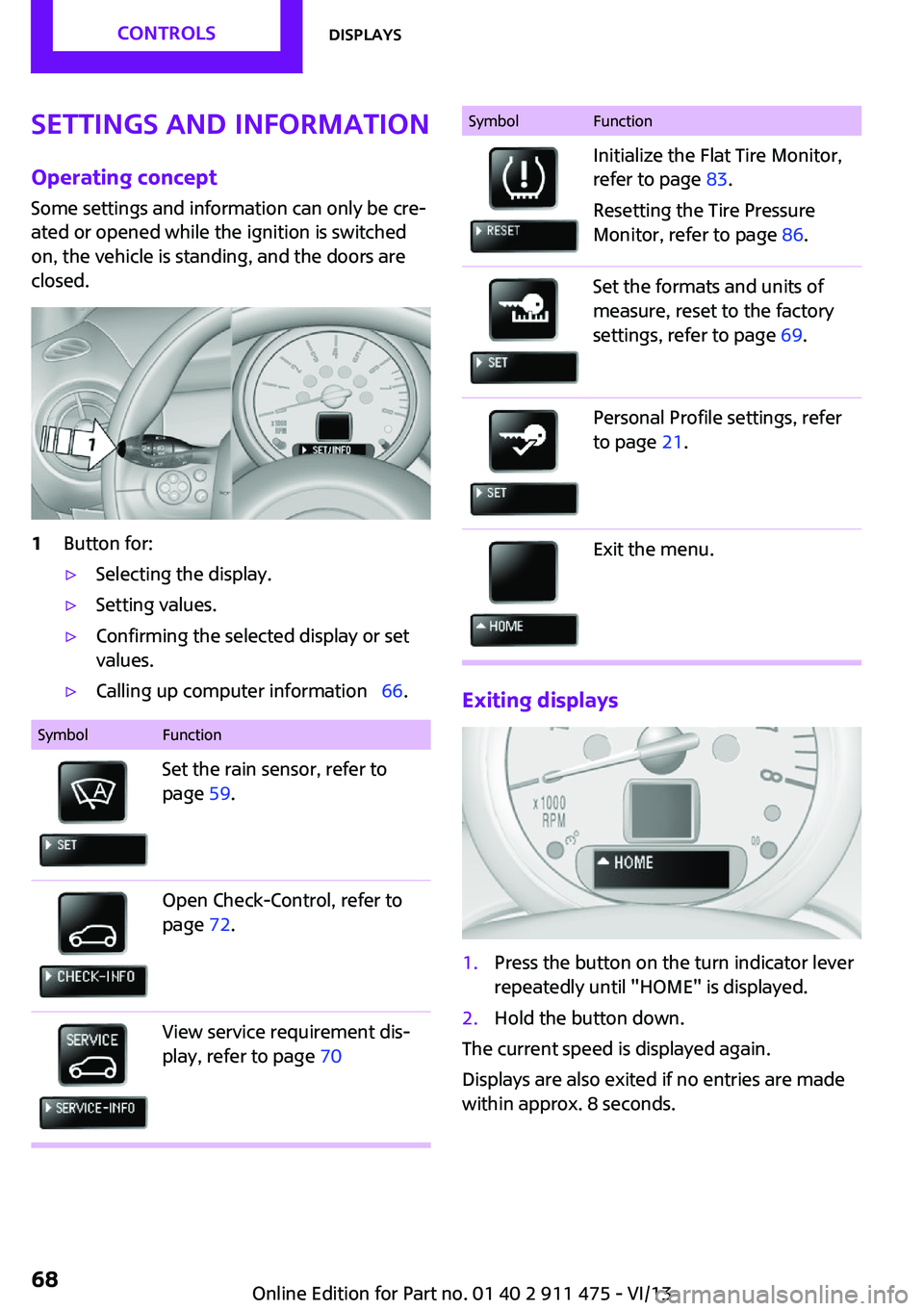 MINI COUPE ROADSTER CONVERTIBLE 2014 Repair Manual Settings and informationOperating concept
Some settings and information can only be cre‐
ated or opened while the ignition is switched
on, the vehicle is standing, and the doors are
closed.1Button f MINI COUPE ROADSTER CONVERTIBLE 2014 Repair Manual Settings and informationOperating concept
Some settings and information can only be cre‐
ated or opened while the ignition is switched
on, the vehicle is standing, and the doors are
closed.1Button f