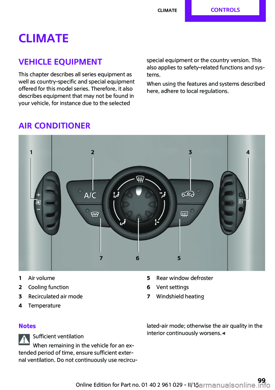 MINI COUPE ROADSTER CONVERTIBLE 2015  Owners Manual ClimateVehicle equipment
This chapter describes all series equipment as
well as country-specific and special equipment
offered for this model series. Therefore, it also
describes equipment that may no