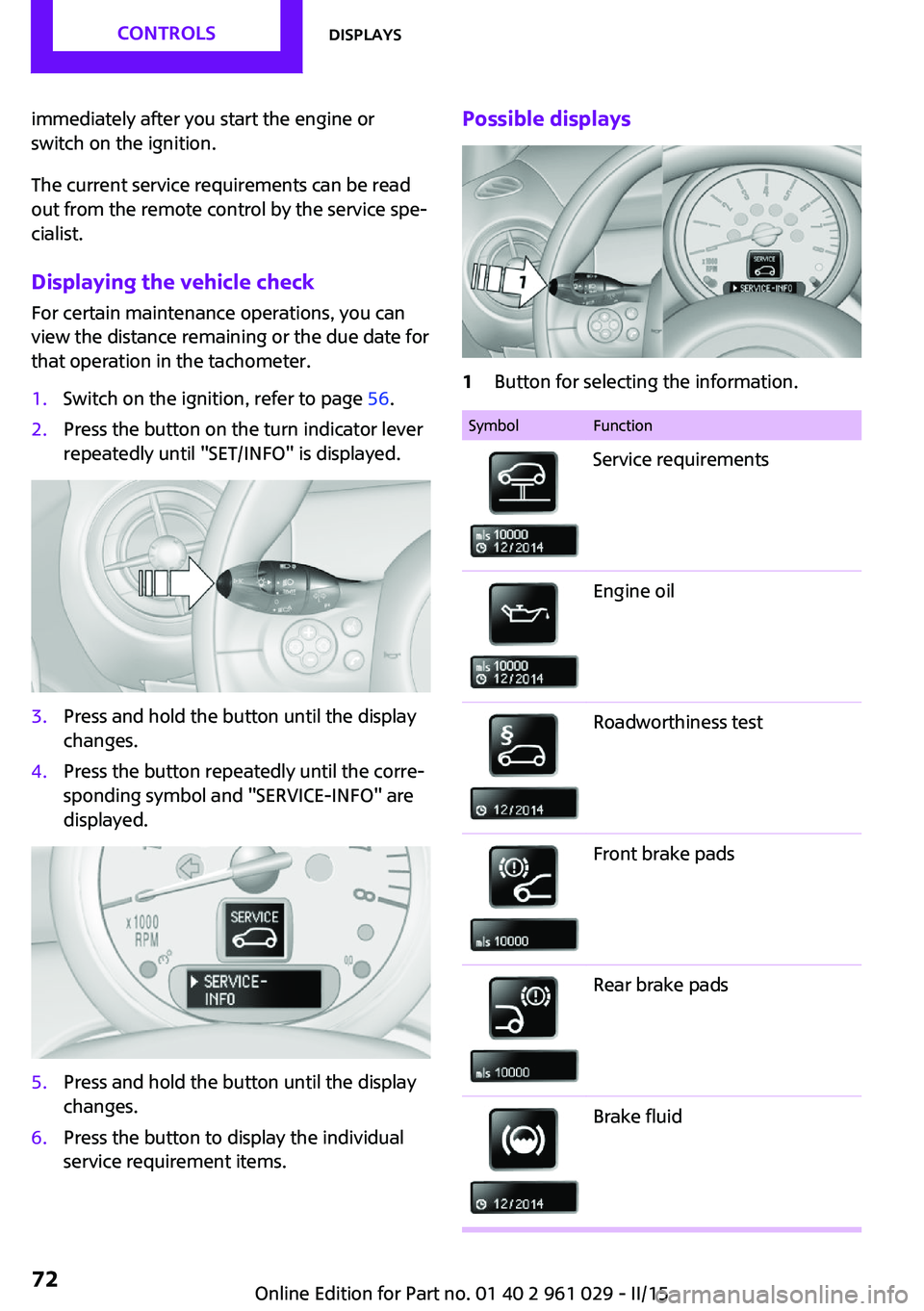 MINI COUPE ROADSTER CONVERTIBLE 2015 Manual PDF immediately after you start the engine or
switch on the ignition.
The current service requirements can be read
out from the remote control by the service spe‐
cialist.
Displaying the vehicle check
F MINI COUPE ROADSTER CONVERTIBLE 2015 Manual PDF immediately after you start the engine or
switch on the ignition.
The current service requirements can be read
out from the remote control by the service spe‐
cialist.
Displaying the vehicle check
F
