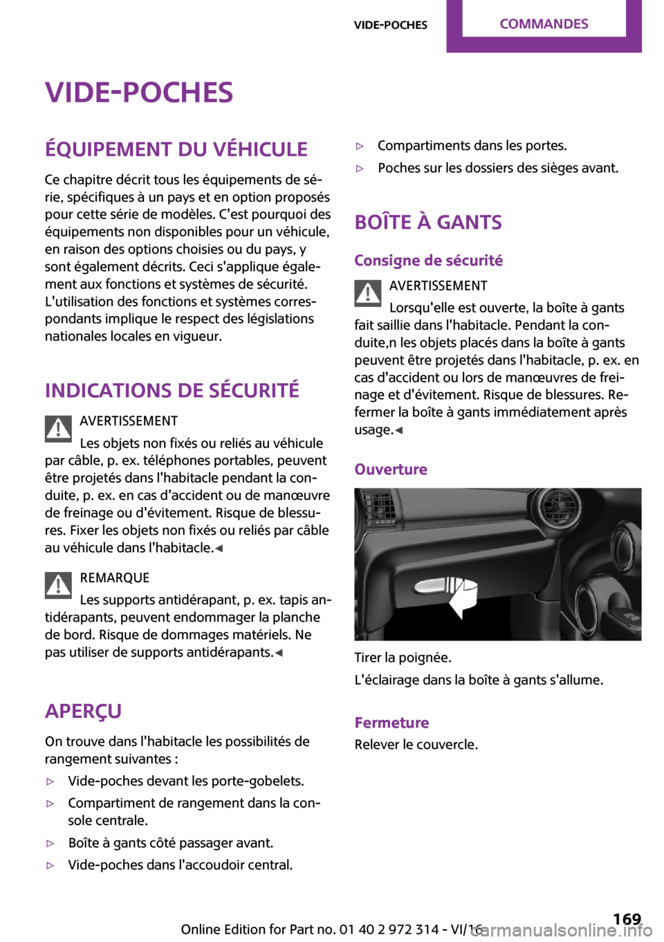 MINI 3 door 2016  Manuel du propriétaire (in French) �V�i�d�e�-�p�o�c�h�e�s�