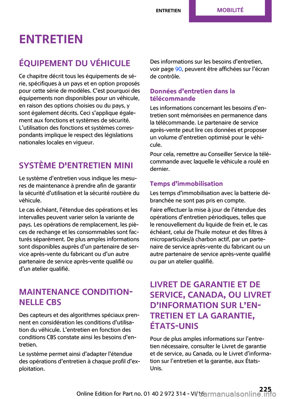 MINI 3 door 2016  Manuel du propriétaire (in French) �E�n�t�r�e�t�i�e�n�