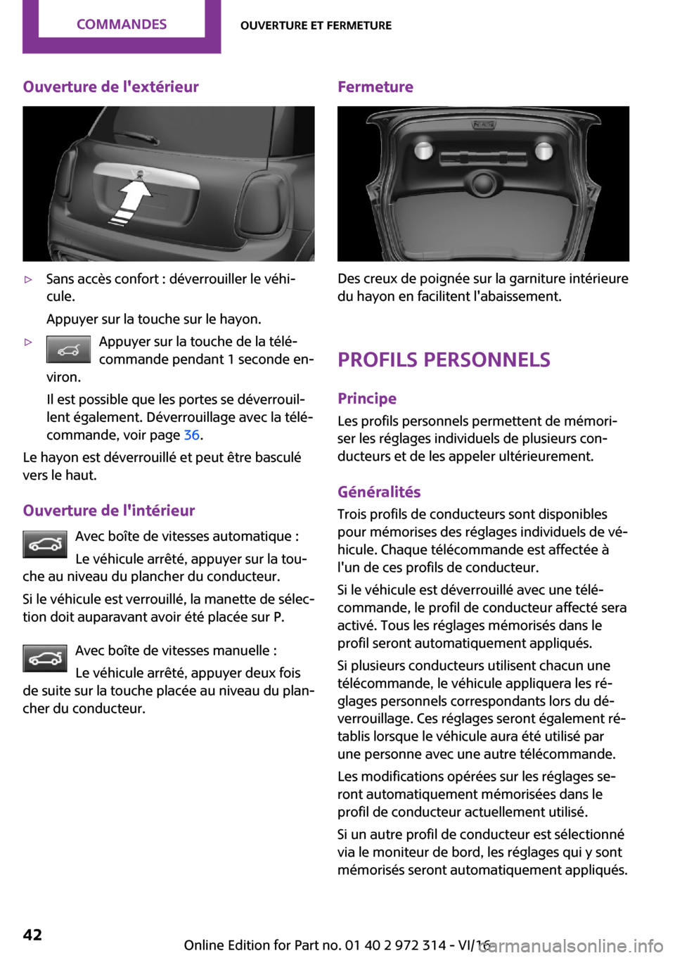 MINI 3 door 2016  Manuel du propriétaire (in French) �O�u�v�e�r�t�u�r�e��d�e��l��e�x�t�é�r�i�e�u�r