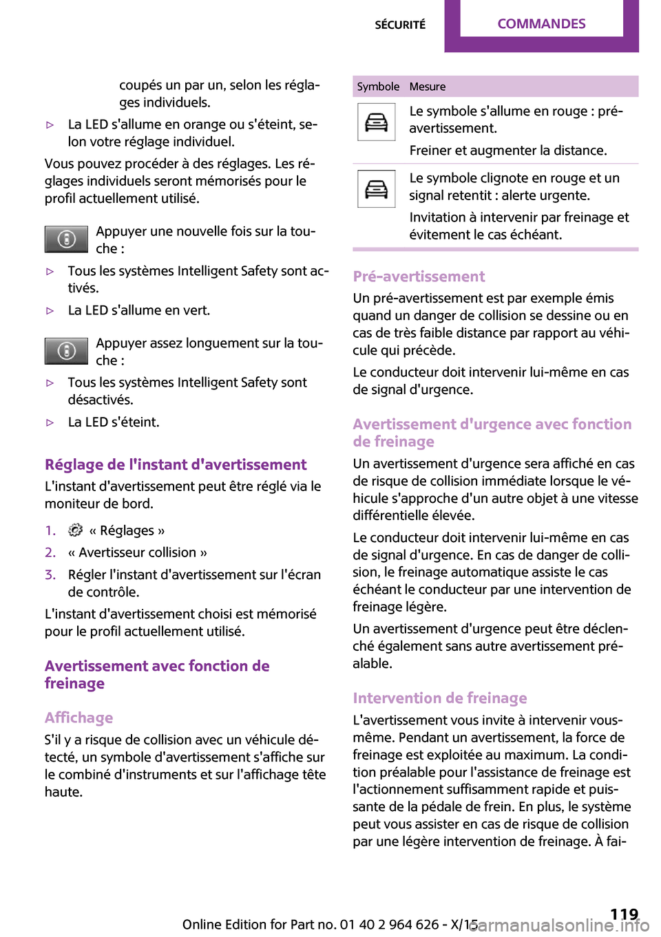 MINI 3 door 2015 Manuel du propriétaire (in French) coupés un par un, selon les régla‐
ges individuels.▷La LED sallume en orange ou séteint, se‐
lon votre réglage individuel.
Vous pouvez procéder à des réglages. Les ré‐
glages individ MINI 3 door 2015 Manuel du propriétaire (in French) coupés un par un, selon les régla‐
ges individuels.▷La LED sallume en orange ou séteint, se‐
lon votre réglage individuel.
Vous pouvez procéder à des réglages. Les ré‐
glages individ