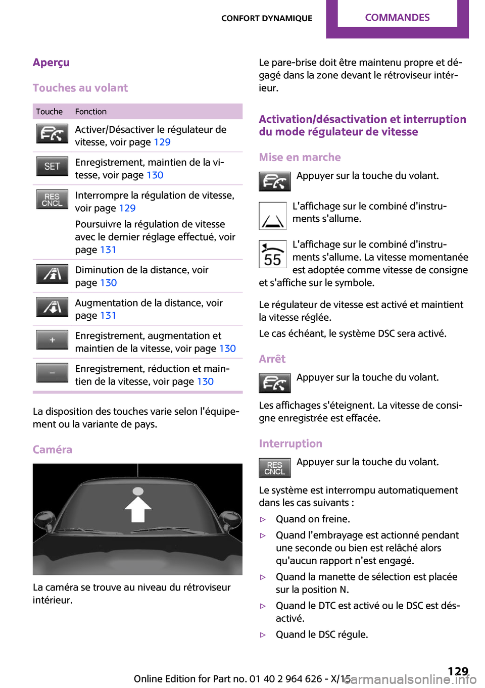 MINI 3 door 2015 Manuel du propriétaire (in French) Aperçu
Touches au volantToucheFonctionActiver/Désactiver le régulateur de
vitesse, voir page 129Enregistrement, maintien de la vi‐
tesse, voir page 130Interrompre la régulation de vitesse,
voi MINI 3 door 2015 Manuel du propriétaire (in French) Aperçu
Touches au volantToucheFonctionActiver/Désactiver le régulateur de
vitesse, voir page 129Enregistrement, maintien de la vi‐
tesse, voir page 130Interrompre la régulation de vitesse,
voi