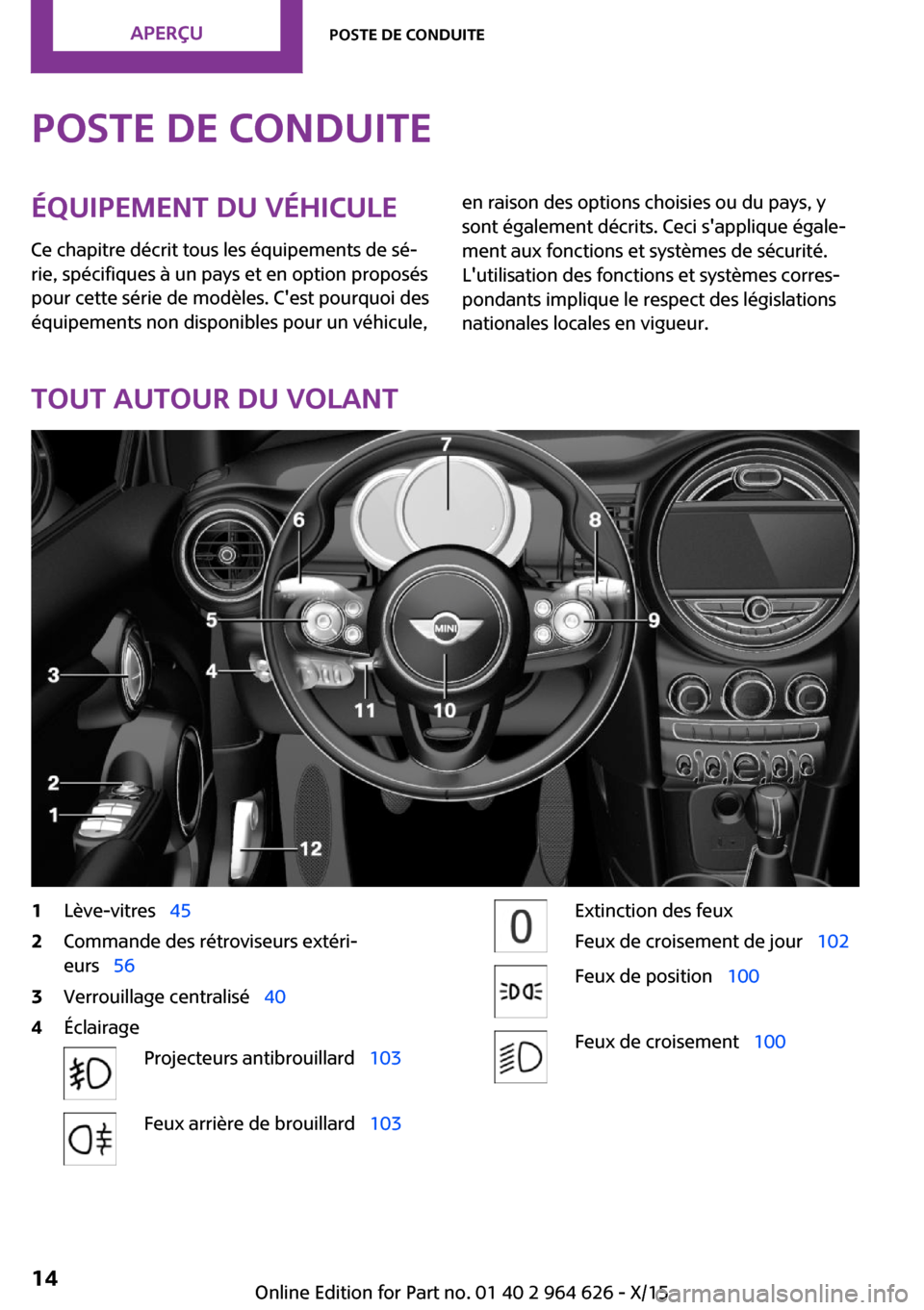 MINI 3 door 2015  Manuel du propriétaire (in French) Poste de conduiteÉquipement du véhicule
Ce chapitre décrit tous les équipements de sé‐
rie, spécifiques à un pays et en option proposés
pour cette série de modèles. Cest pourquoi des
équ