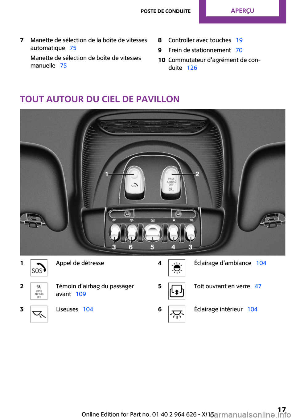 MINI 3 door 2015 Manuel du propriétaire (in French) 7Manette de sélection de la boîte de vitesses
automatique 75
Manette de sélection de boîte de vitesses
manuelle 758Controller avec touches 199Frein de stationnement 7010Comm MINI 3 door 2015 Manuel du propriétaire (in French) 7Manette de sélection de la boîte de vitesses
automatique 75
Manette de sélection de boîte de vitesses
manuelle 758Controller avec touches 199Frein de stationnement 7010Comm