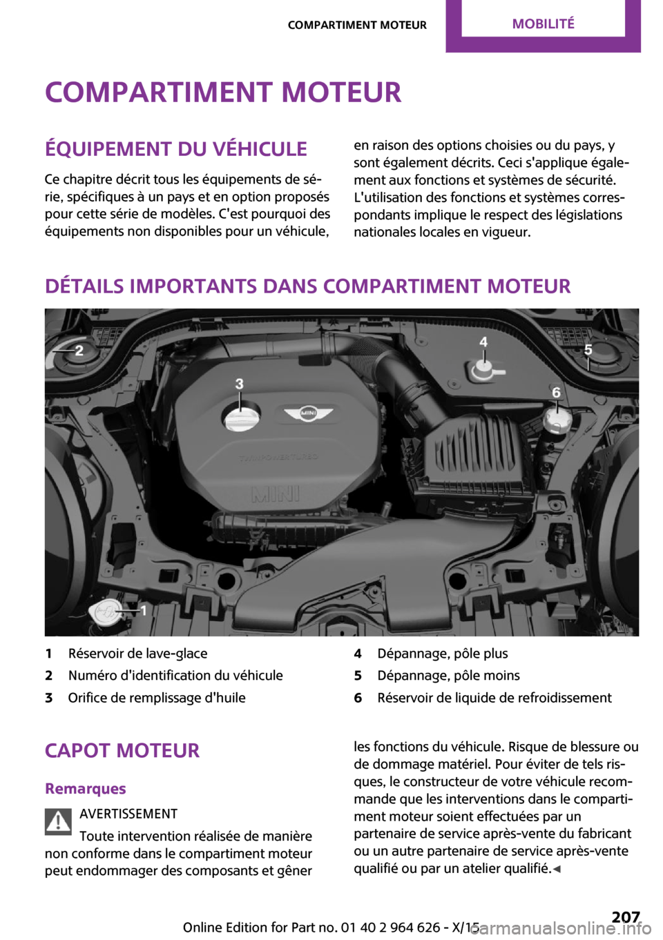 MINI 3 door 2015 Manuel du propriétaire (in French) Compartiment moteurÉquipement du véhicule
Ce chapitre décrit tous les équipements de sé‐
rie, spécifiques à un pays et en option proposés
pour cette série de modèles. Cest pourquoi des
é MINI 3 door 2015 Manuel du propriétaire (in French) Compartiment moteurÉquipement du véhicule
Ce chapitre décrit tous les équipements de sé‐
rie, spécifiques à un pays et en option proposés
pour cette série de modèles. Cest pourquoi des
é