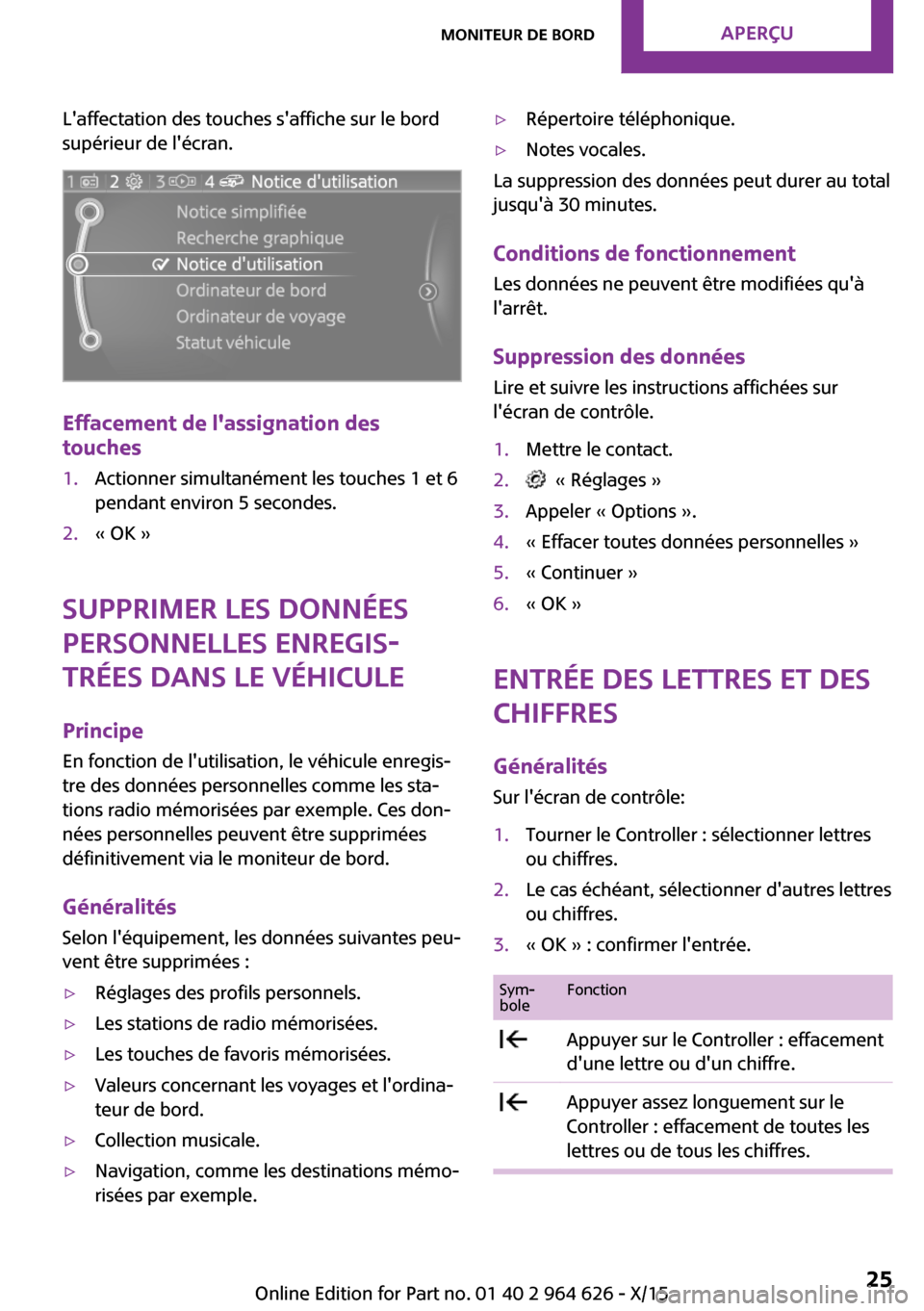 MINI 3 door 2015 Manuel du propriétaire (in French) Laffectation des touches saffiche sur le bord
supérieur de lécran.
Effacement de lassignation des
touches
1.Actionner simultanément les touches 1 et 6
pendant environ 5 secondes.2.« OK »
Supp MINI 3 door 2015 Manuel du propriétaire (in French) Laffectation des touches saffiche sur le bord
supérieur de lécran.
Effacement de lassignation des
touches
1.Actionner simultanément les touches 1 et 6
pendant environ 5 secondes.2.« OK »
Supp