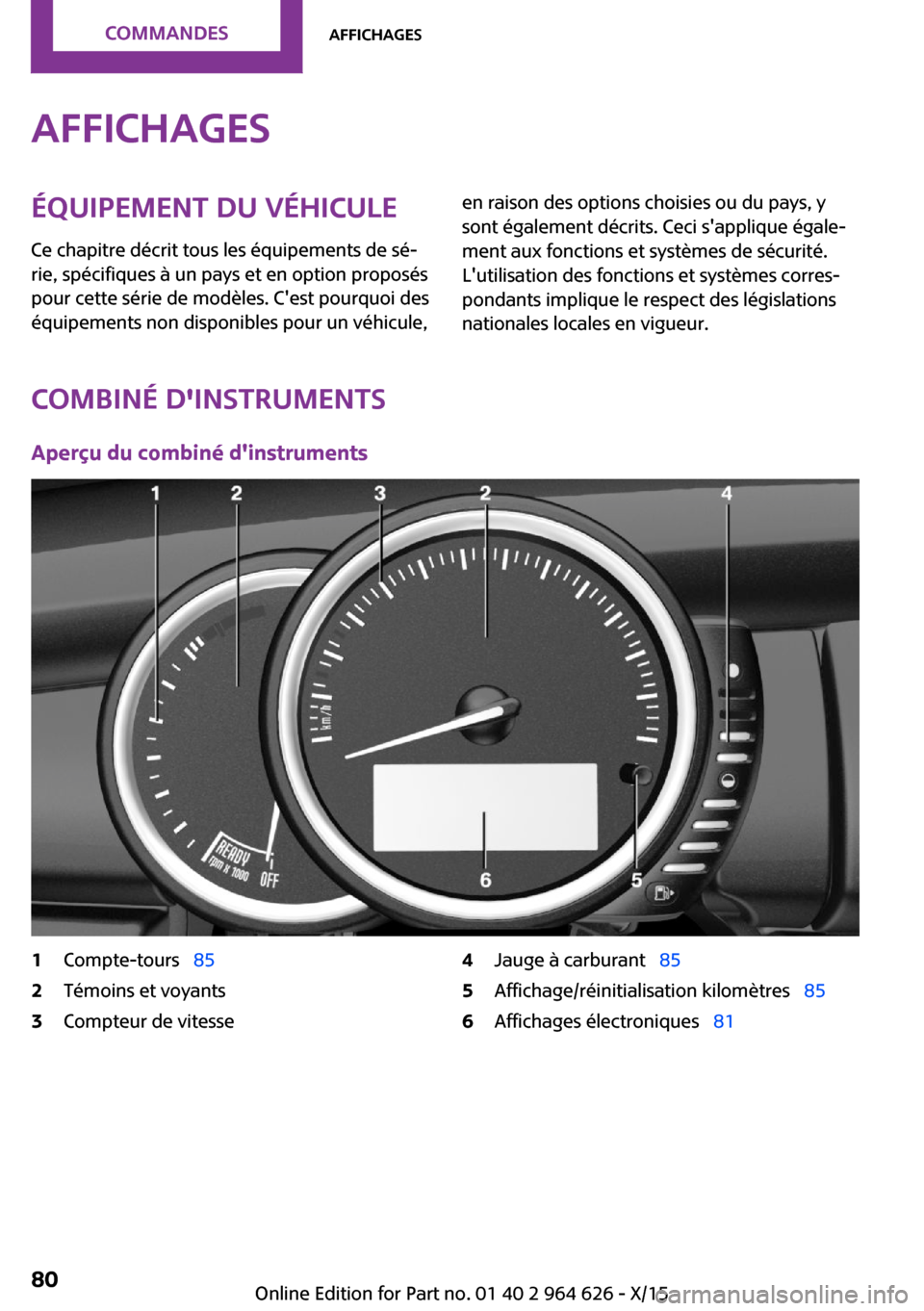 MINI 3 door 2015  Manuel du propriétaire (in French) AffichagesÉquipement du véhicule
Ce chapitre décrit tous les équipements de sé‐
rie, spécifiques à un pays et en option proposés
pour cette série de modèles. Cest pourquoi des
équipement