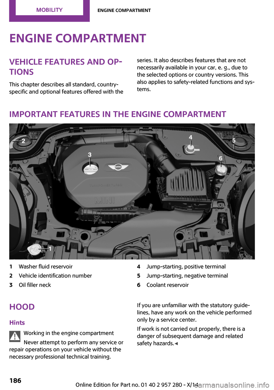 MINI 3 door 2014  Owners Manual Engine compartmentVehicle features and op‐
tions
This chapter describes all standard, country-
specific and optional features offered with theseries. It also describes features that are not necessar