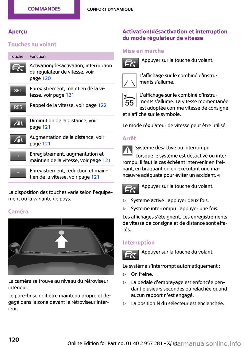 MINI 3 door 2014 Manuel du propriétaire (in French) Aperçu
Touches au volantToucheFonctionActivation/désactivation, interruption
du régulateur de vitesse, voir
page 120Enregistrement, maintien de la vi‐
tesse, voir page 121Rappel de la vitesse, MINI 3 door 2014 Manuel du propriétaire (in French) Aperçu
Touches au volantToucheFonctionActivation/désactivation, interruption
du régulateur de vitesse, voir
page 120Enregistrement, maintien de la vi‐
tesse, voir page 121Rappel de la vitesse,