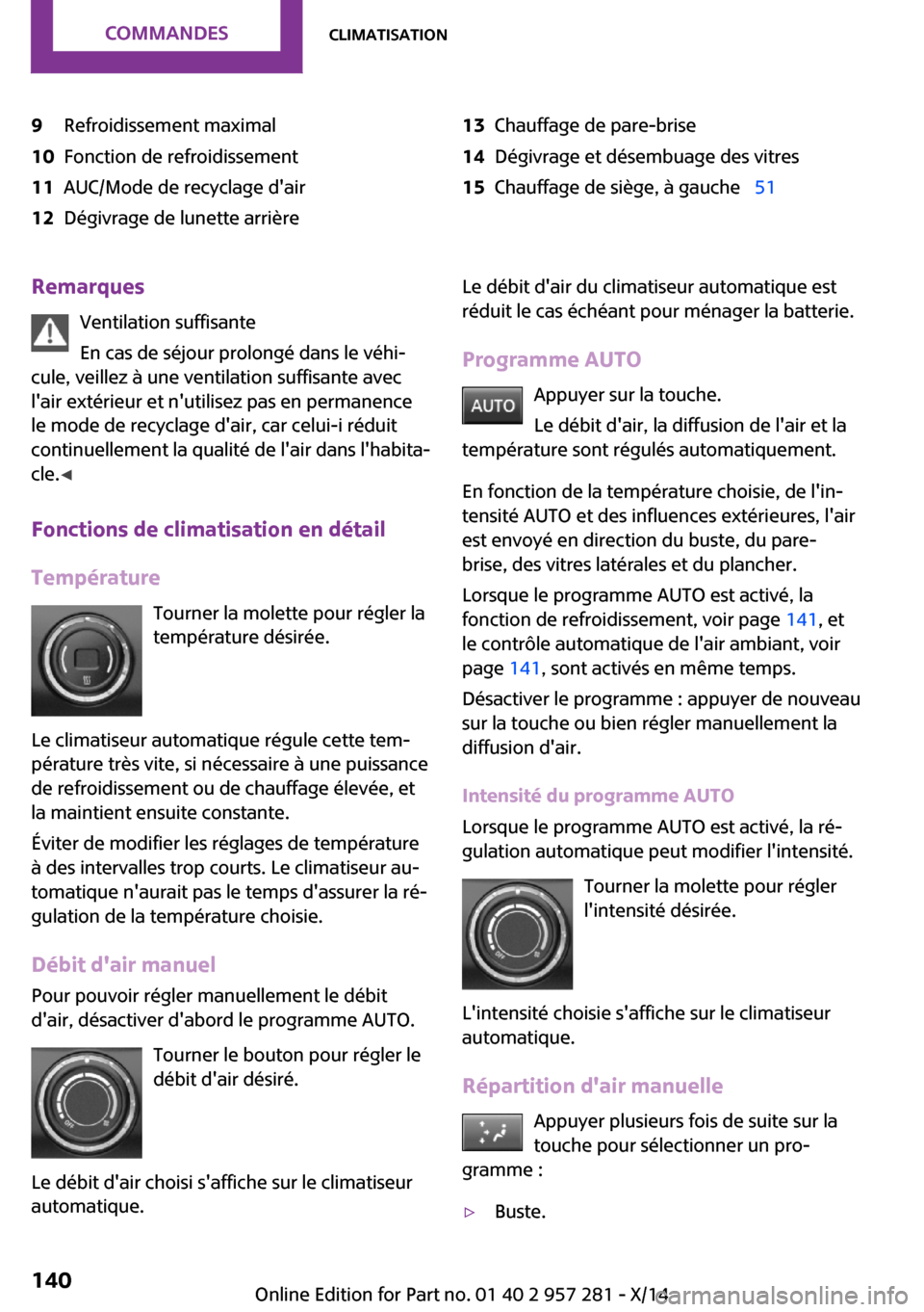 MINI 3 door 2014 Manuel du propriétaire (in French) 9Refroidissement maximal10Fonction de refroidissement11AUC/Mode de recyclage dair12Dégivrage de lunette arrière13Chauffage de pare-brise14Dégivrage et désembuage des vitres15Chauffage de siège, MINI 3 door 2014 Manuel du propriétaire (in French) 9Refroidissement maximal10Fonction de refroidissement11AUC/Mode de recyclage dair12Dégivrage de lunette arrière13Chauffage de pare-brise14Dégivrage et désembuage des vitres15Chauffage de siège,