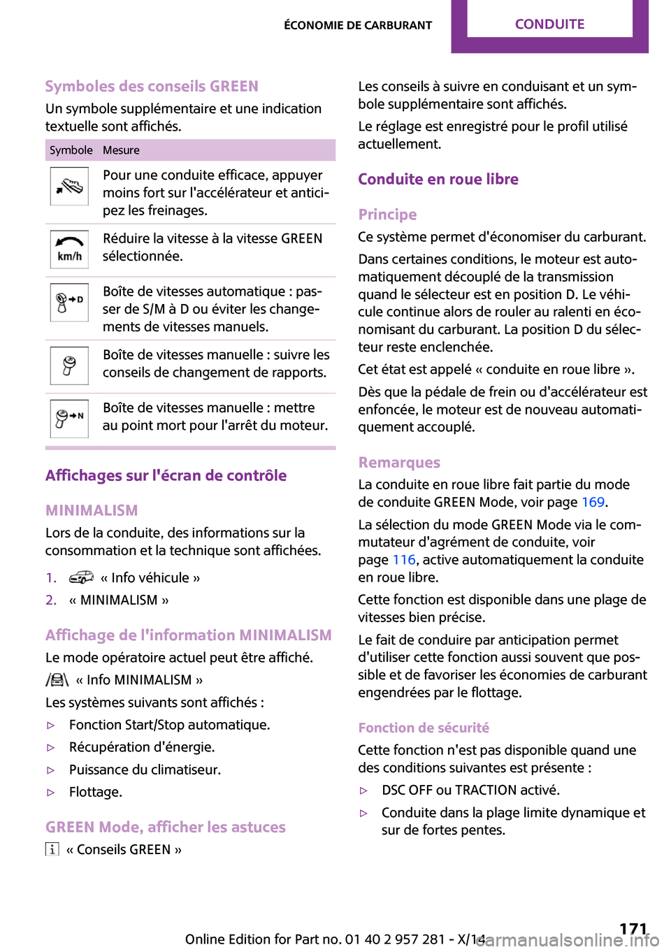 MINI 3 door 2014 Manuel du propriétaire (in French) Symboles des conseils GREEN
Un symbole supplémentaire et une indication
textuelle sont affichés.SymboleMesurePour une conduite efficace, appuyer
moins fort sur laccélérateur et antici‐
pez les MINI 3 door 2014 Manuel du propriétaire (in French) Symboles des conseils GREEN
Un symbole supplémentaire et une indication
textuelle sont affichés.SymboleMesurePour une conduite efficace, appuyer
moins fort sur laccélérateur et antici‐
pez les