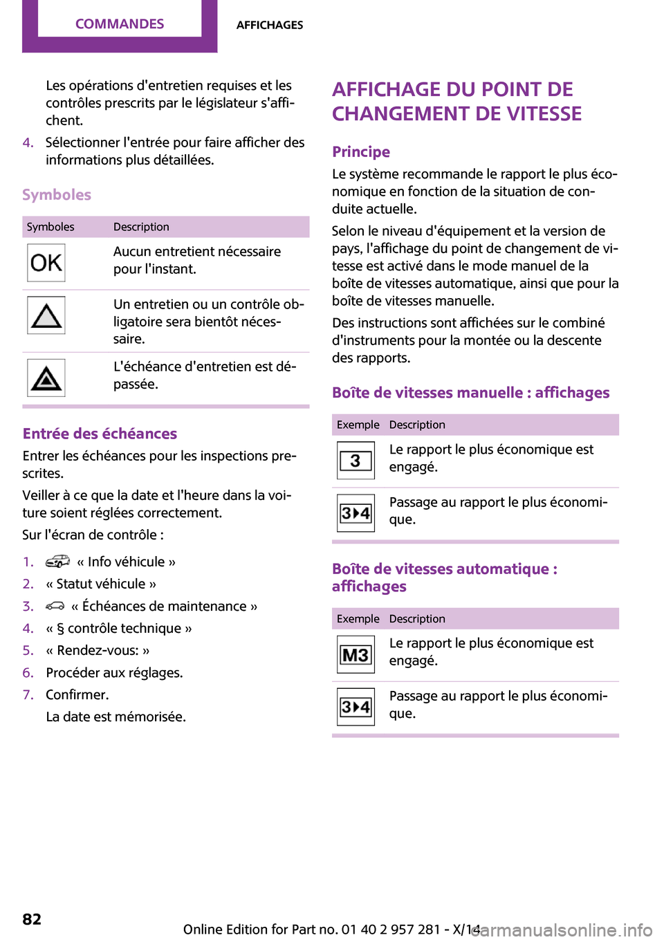 MINI 3 door 2014 Manuel du propriétaire (in French) Les opérations dentretien requises et les
contrôles prescrits par le législateur saffi‐
chent.4.Sélectionner lentrée pour faire afficher des
informations plus détaillées.
Symboles
Symboles MINI 3 door 2014 Manuel du propriétaire (in French) Les opérations dentretien requises et les
contrôles prescrits par le législateur saffi‐
chent.4.Sélectionner lentrée pour faire afficher des
informations plus détaillées.
Symboles
Symboles