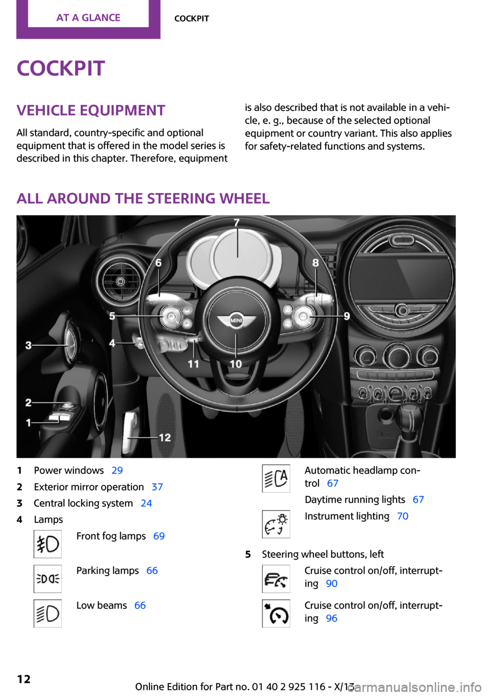 MINI 3 door 2013 Owners Manual CockpitVehicle equipment
All standard, country-specific and optional
equipment that is offered in the model series is
described in this chapter. Therefore, equipmentis also described that is not avail MINI 3 door 2013 Owners Manual CockpitVehicle equipment
All standard, country-specific and optional
equipment that is offered in the model series is
described in this chapter. Therefore, equipmentis also described that is not avail