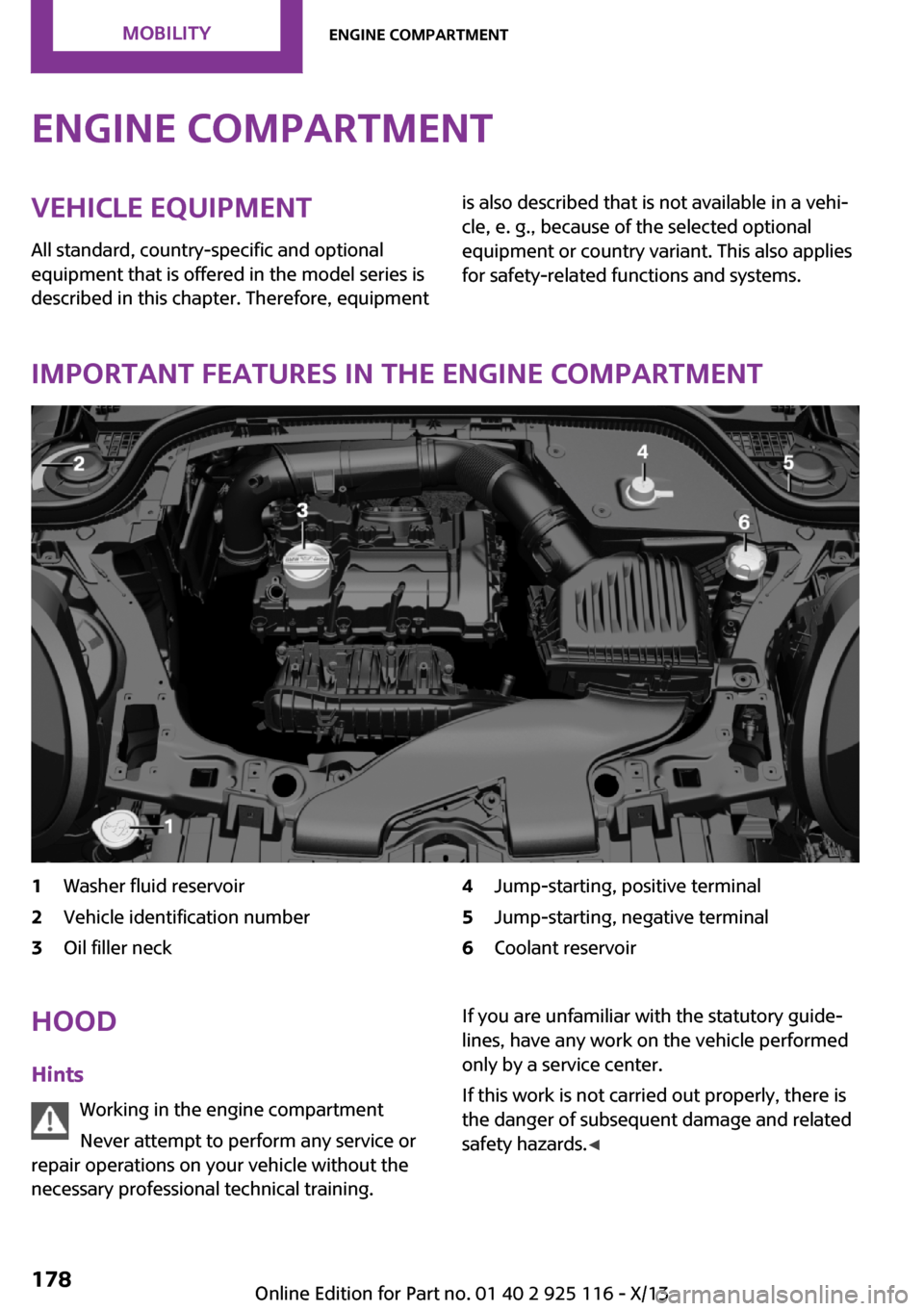 MINI 3 door 2013  Owners Manual Engine compartmentVehicle equipment
All standard, country-specific and optional
equipment that is offered in the model series is
described in this chapter. Therefore, equipmentis also described that i