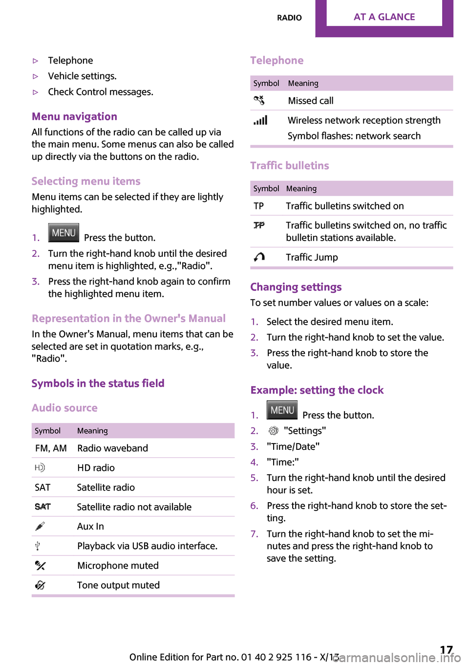 MINI 3 door 2013 Owners Guide ▷Telephone▷Vehicle settings.▷Check Control messages.
Menu navigationAll functions of the radio can be called up via
the main menu. Some menus can also be called
up directly via the buttons on th