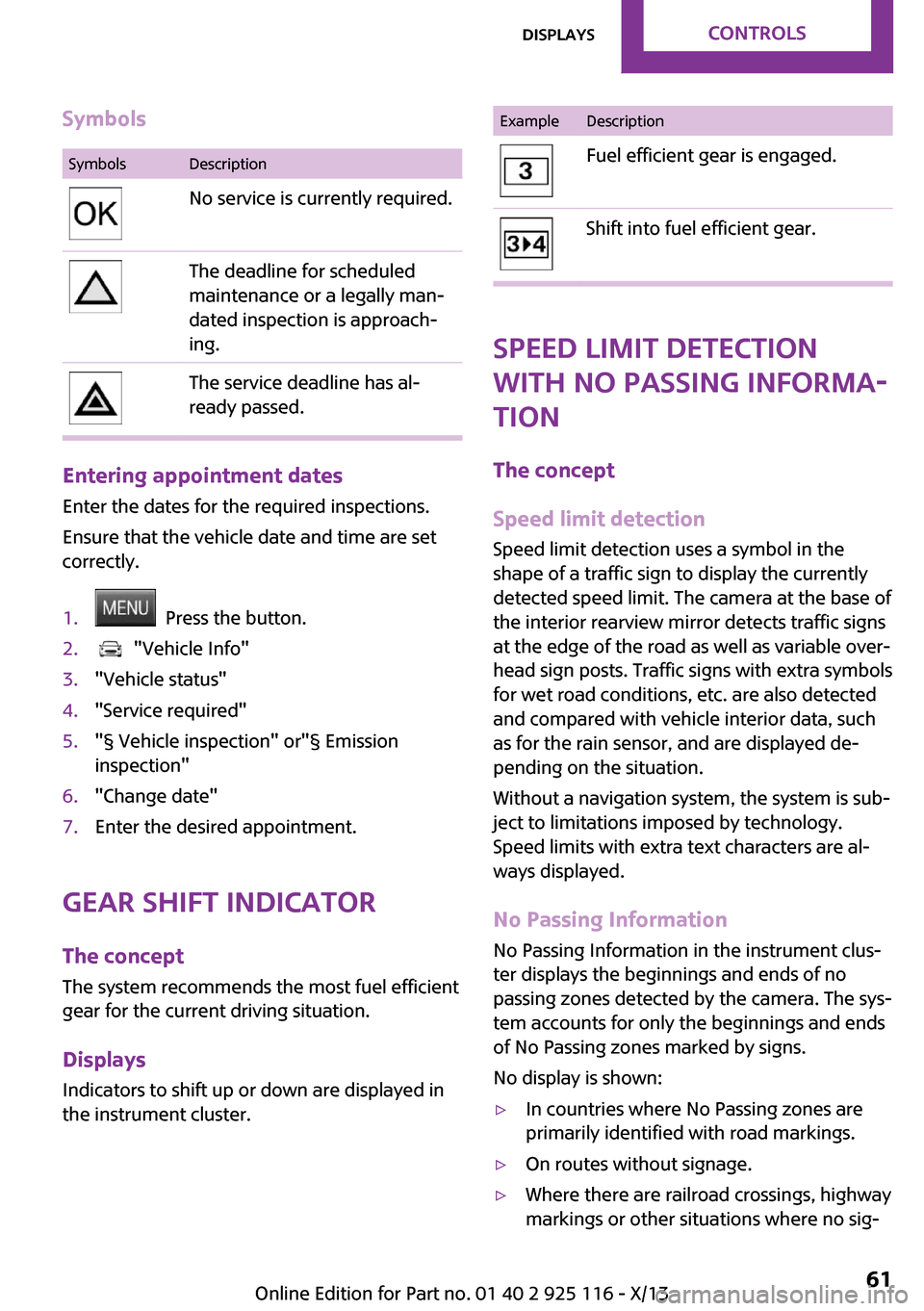 MINI 3 door 2013  Owners Manual SymbolsSymbolsDescriptionNo service is currently required.The deadline for scheduled
maintenance or a legally man‐
dated inspection is approach‐
ing.The service deadline has al‐
ready passed.
En