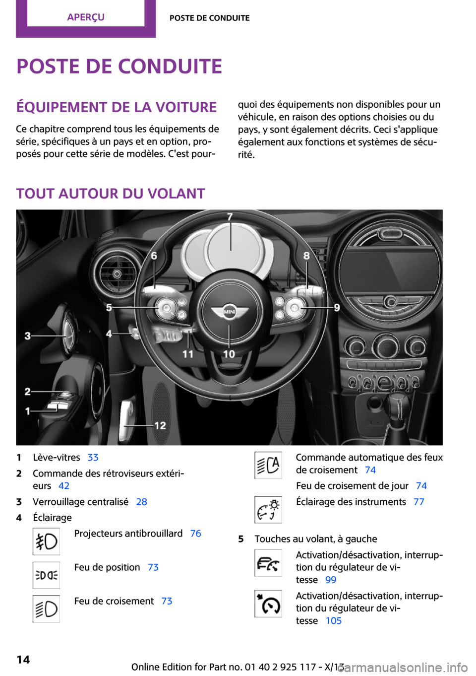 MINI 3 door 2013  Manuel du propriétaire (in French) Poste de conduiteÉquipement de la voiture
Ce chapitre comprend tous les équipements de
série, spécifiques à un pays et en option, pro‐
posés pour cette série de modèles. Cest pour‐quoi de