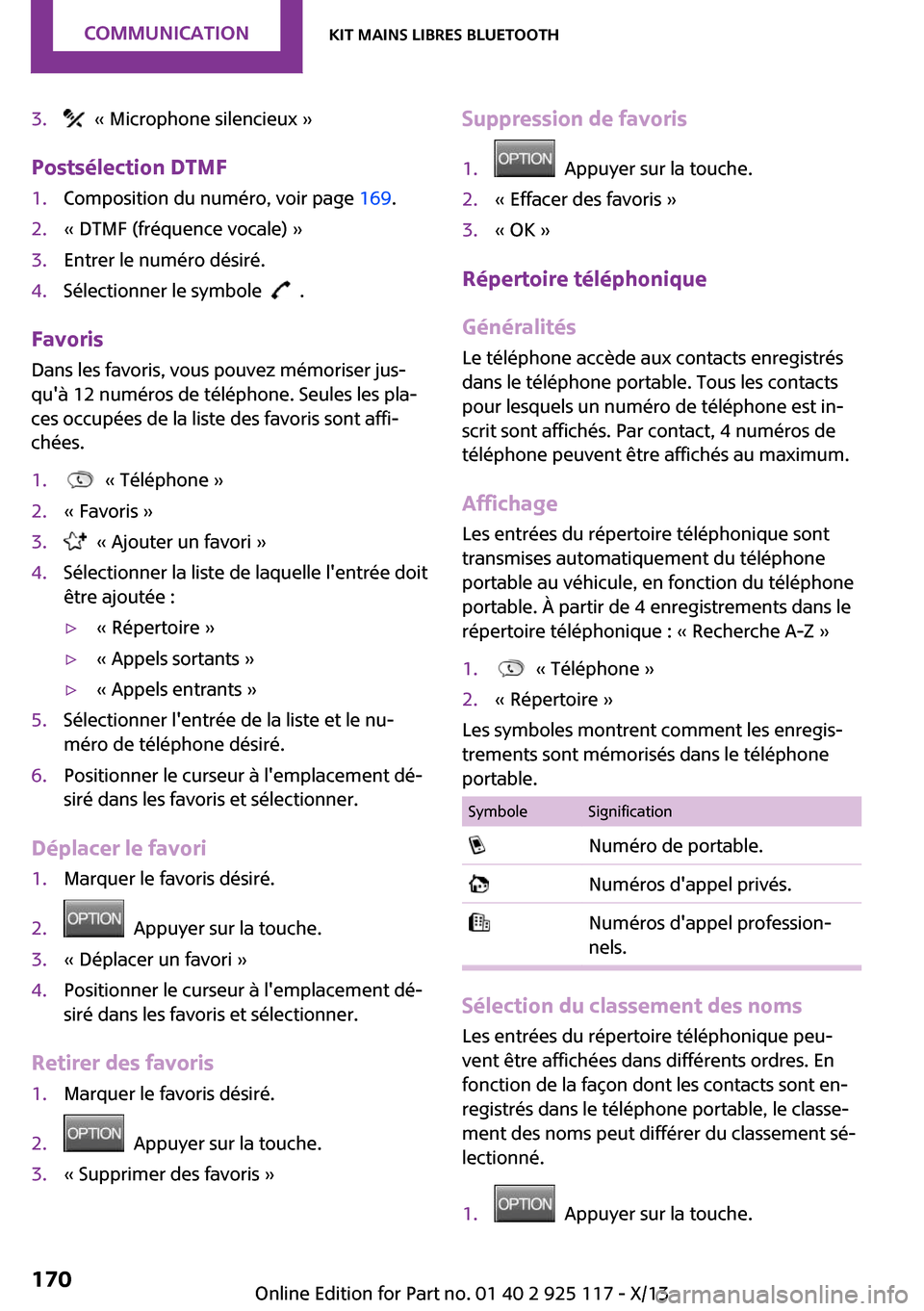 MINI 3 door 2013  Manuel du propriétaire (in French) 3.  « Microphone silencieux »
Postsélection DTMF
1.Composition du numéro, voir page 169.2.« DTMF (fréquence vocale) »3.Entrer le numéro désiré.4.Sélectionner le symbole    .
Favoris
Dans le