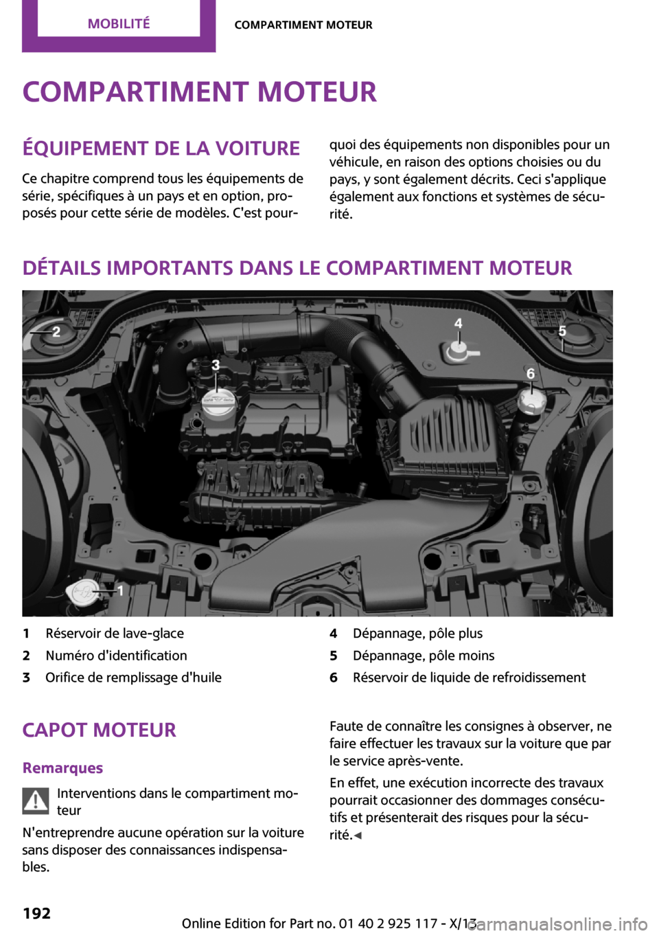 MINI 3 door 2013 Manuel du propriétaire (in French) Compartiment moteurÉquipement de la voiture
Ce chapitre comprend tous les équipements de
série, spécifiques à un pays et en option, pro‐
posés pour cette série de modèles. Cest pour‐quoi MINI 3 door 2013 Manuel du propriétaire (in French) Compartiment moteurÉquipement de la voiture
Ce chapitre comprend tous les équipements de
série, spécifiques à un pays et en option, pro‐
posés pour cette série de modèles. Cest pour‐quoi