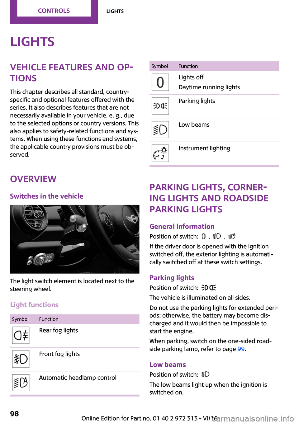 MINI 5 door 2016 Owners Manual �L�i�g�h�t�s�V�e�h�i�c�l�e��f�e�a�t�u�r�e�s��a�n�d��o�p