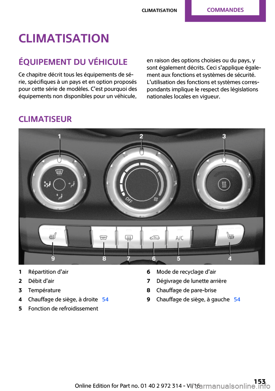 MINI 5 door 2016  Manuel du propriétaire (in French) �C�l�i�m�a�t�i�s�a�t�i�o�n�