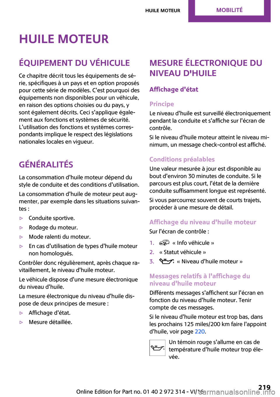 MINI 5 door 2016  Manuel du propriétaire (in French) �H�u�i�l�e��m�o�t�e�u�r�