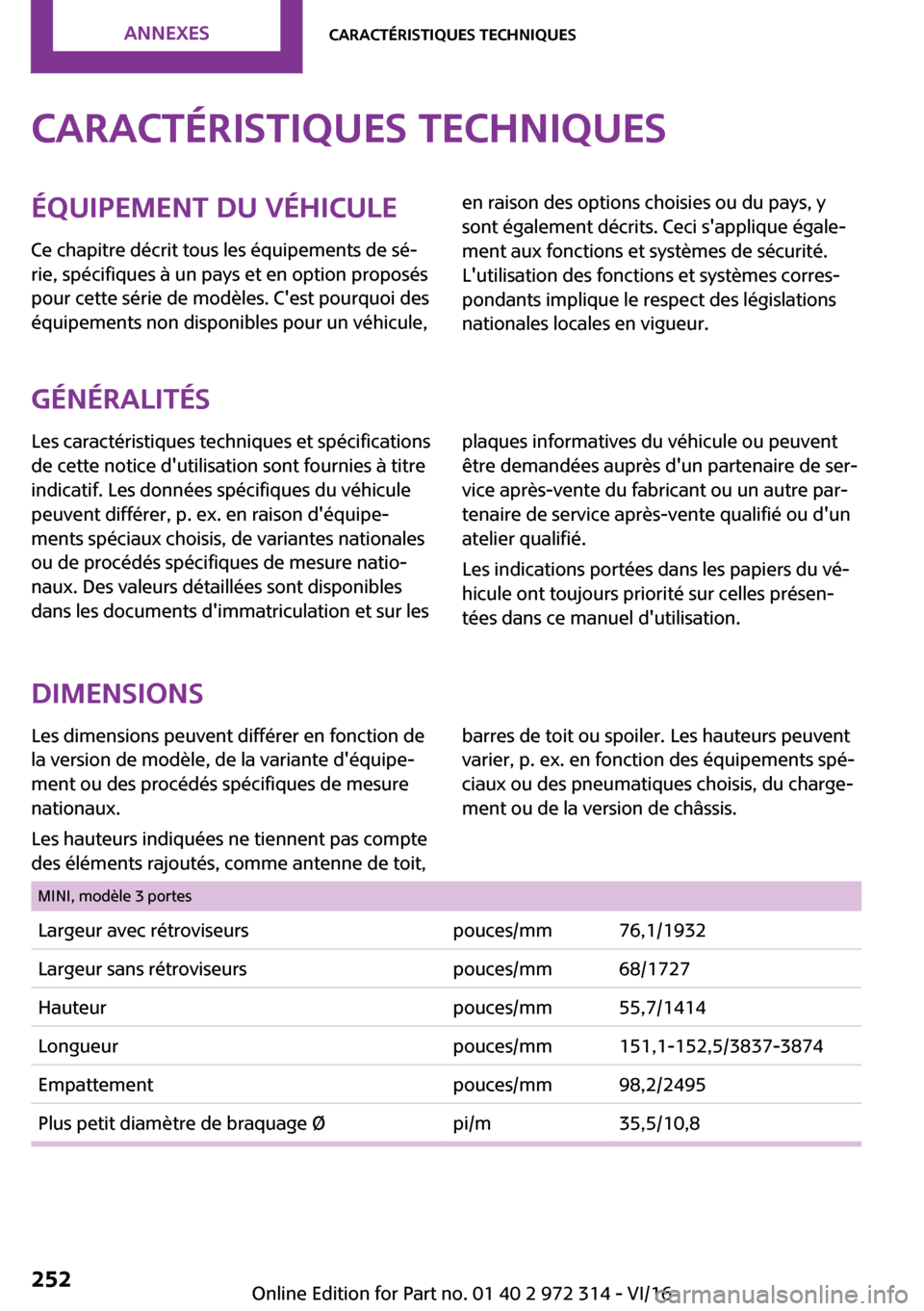 MINI 5 door 2016  Manuel du propriétaire (in French) �C�a�r�a�c�t�é�r�i�s�t�i�q�u�e�s��t�e�c�h�n�i�q�u�e�s�